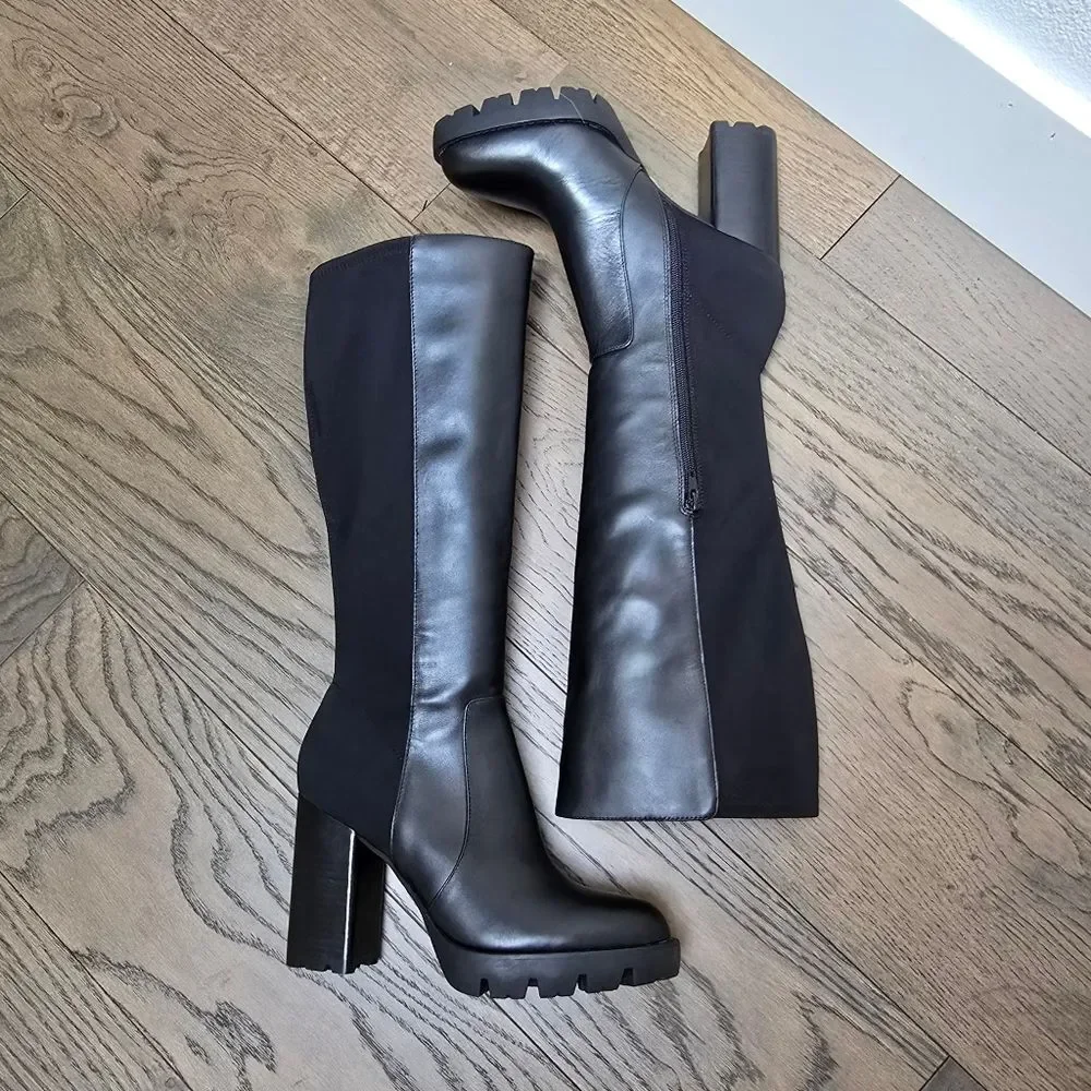 Charles David Gala Leather Tall Pointed Toe Lug Sole Block Heel Boot in Black
